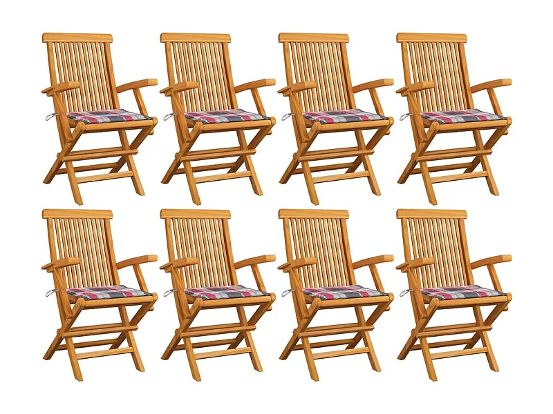 Gartenstühle und rot karierte Kissen 8 Stück. Massives Teakholz
