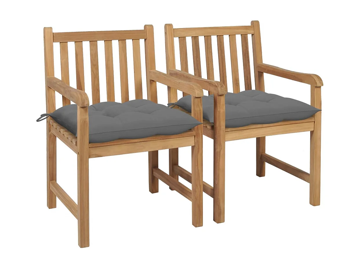 Chaises de jardin 2 pcs avec coussins gris Bois de teck massif