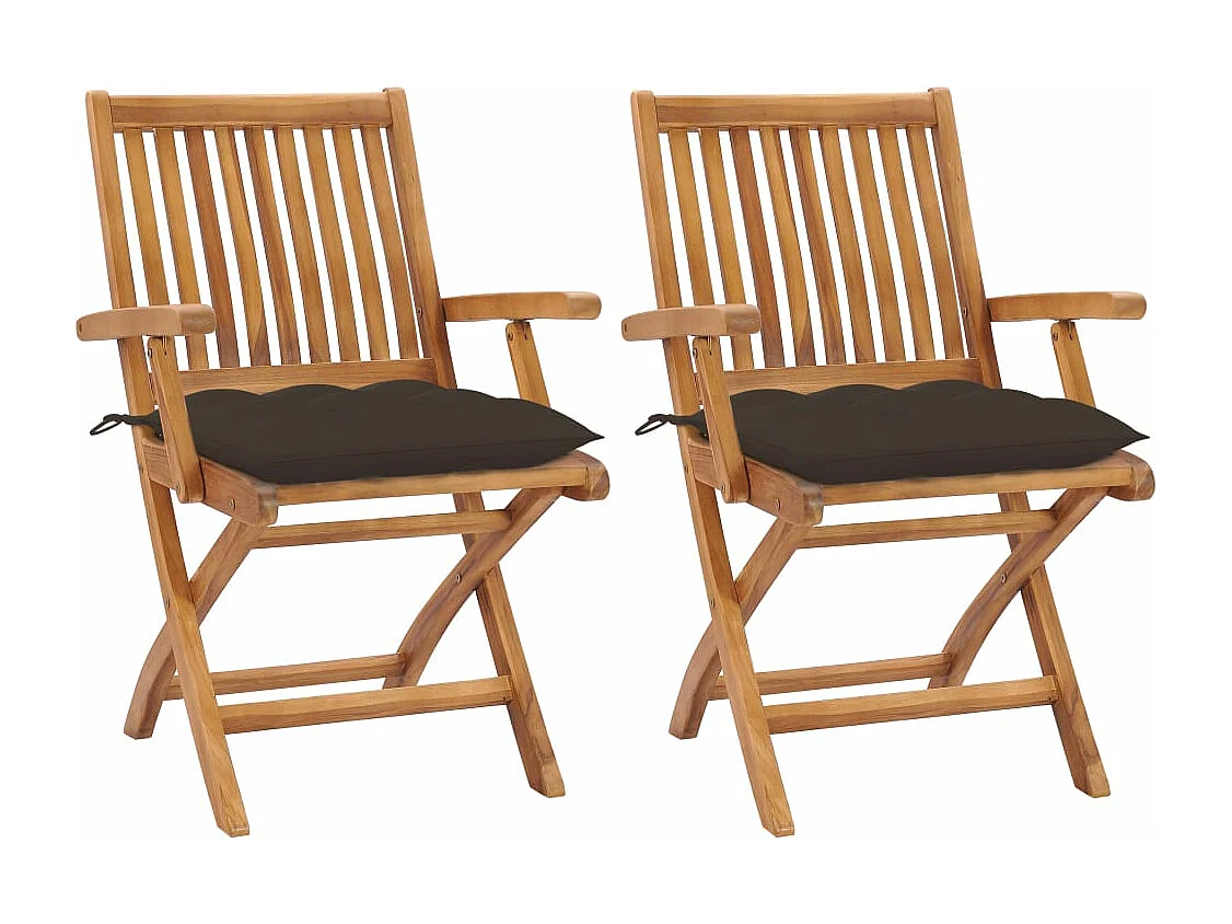 Sedie da giardino 2 pezzi con cuscini color talpa. Legno massello di teak