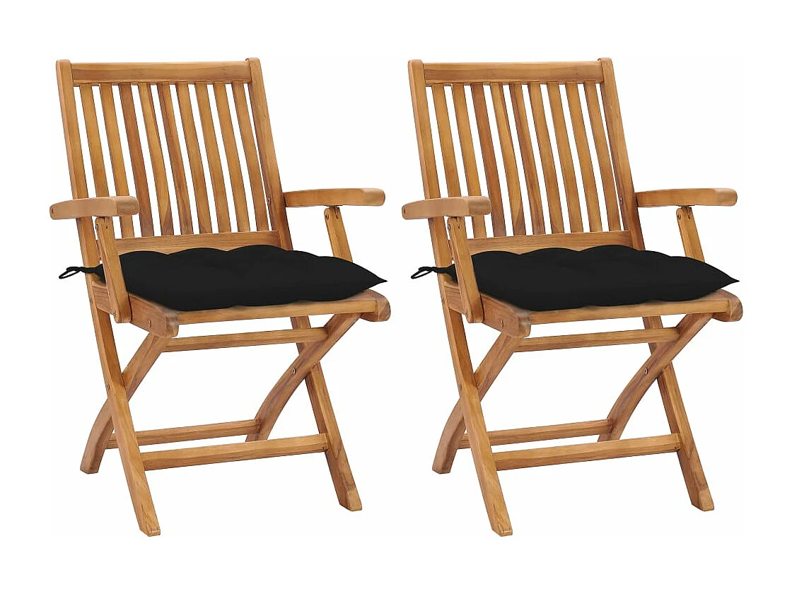Chaises de jardin 2 pcs avec coussins noir Bois de teck massif