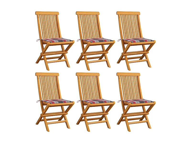 Cadeiras de jardim e almofadas xadrez vermelhas 6 unidades Teca maciça