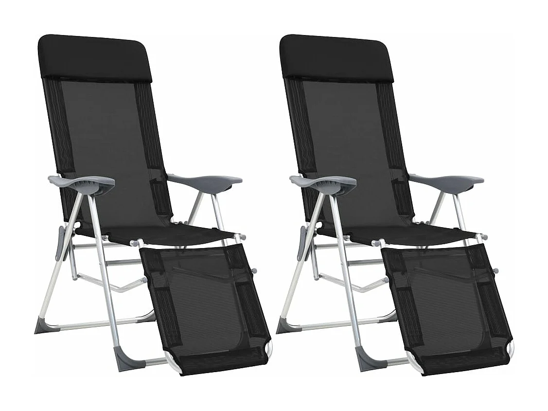 Cadeiras de campismo dobráveis e apoio para os pés 2 peças em têxtil preto