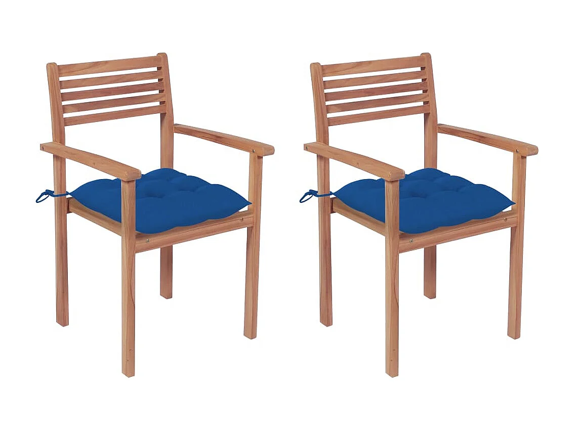 Chaises de jardin 2 pcs avec coussins bleu Bois de teck massif