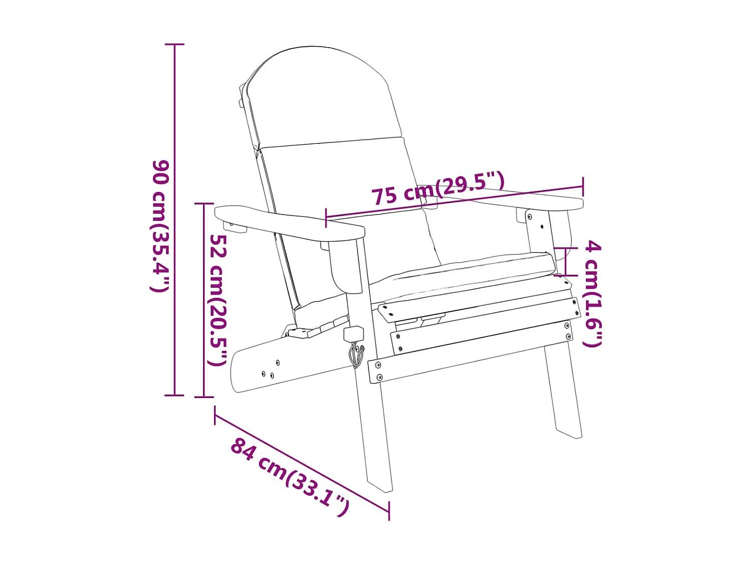 Sedia da giardino Adirondack con cuscini in legno massello di acacia