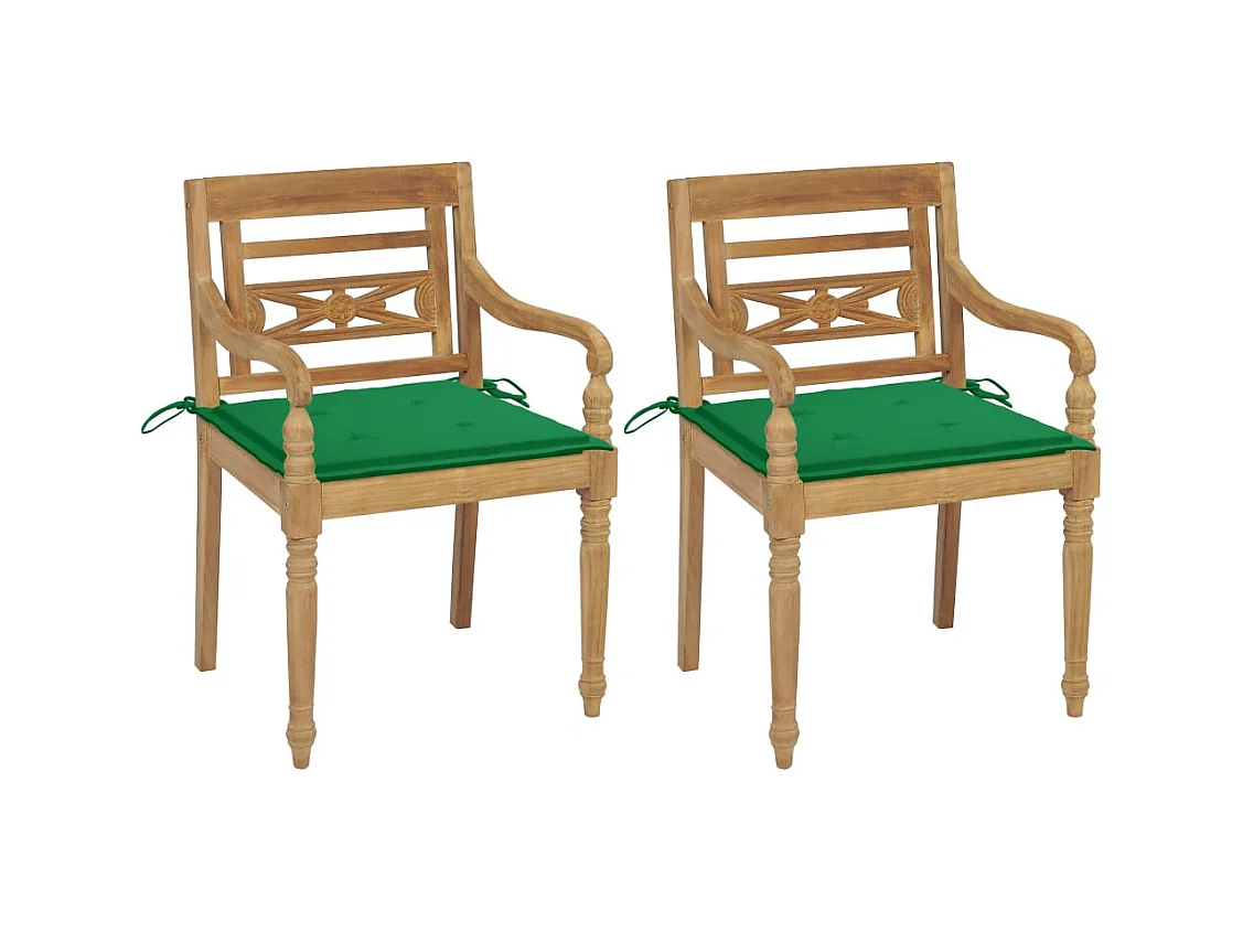 Batavia stoelen 2 stuks met groene kussens Massief teakhout