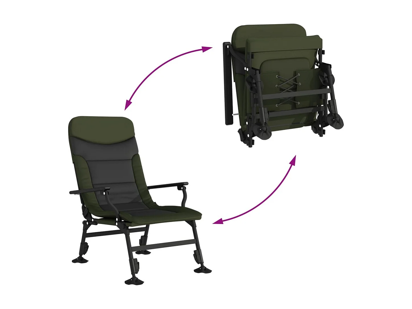 Silla de pesca con reposabrazos plegable verde.