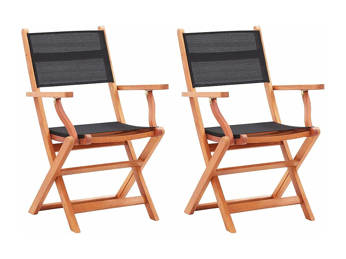 Conjunto de cadeiras de jardim dobráveis de 2 eucaliptos têxteis pretos