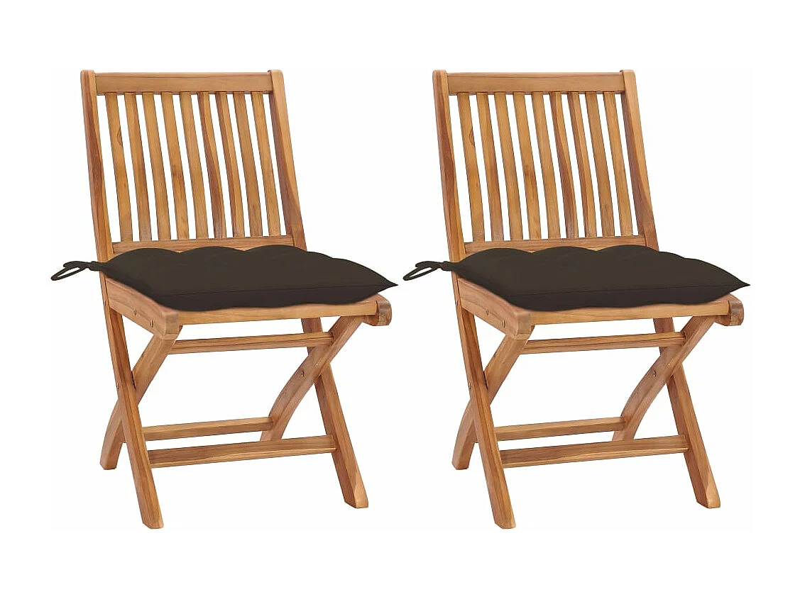 Sedie da giardino 2 pezzi con cuscini color talpa. Legno massello di teak