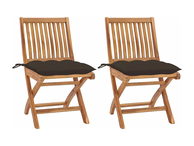 Sedie da giardino 2 pezzi con cuscini color talpa. Legno massello di teak