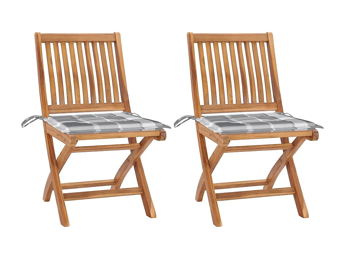 Sillas de jardín 2 piezas con cojines a cuadros gris teca