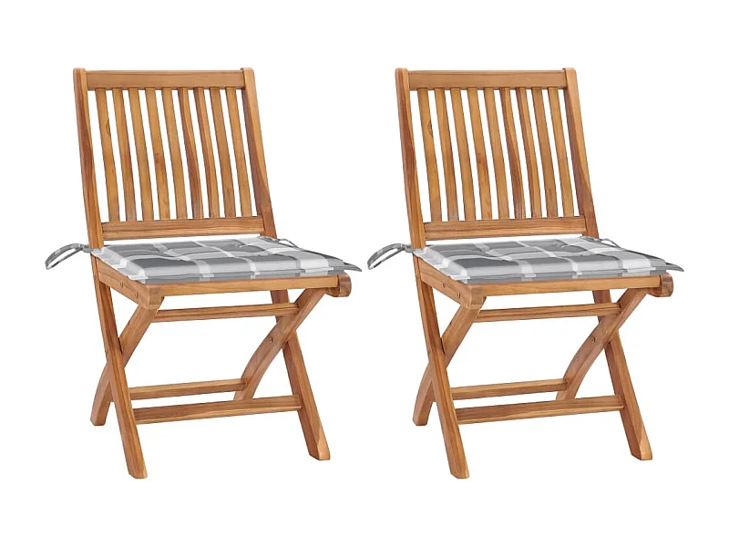 Sedie da giardino 2 pezzi con cuscini a quadretti grigi in teak