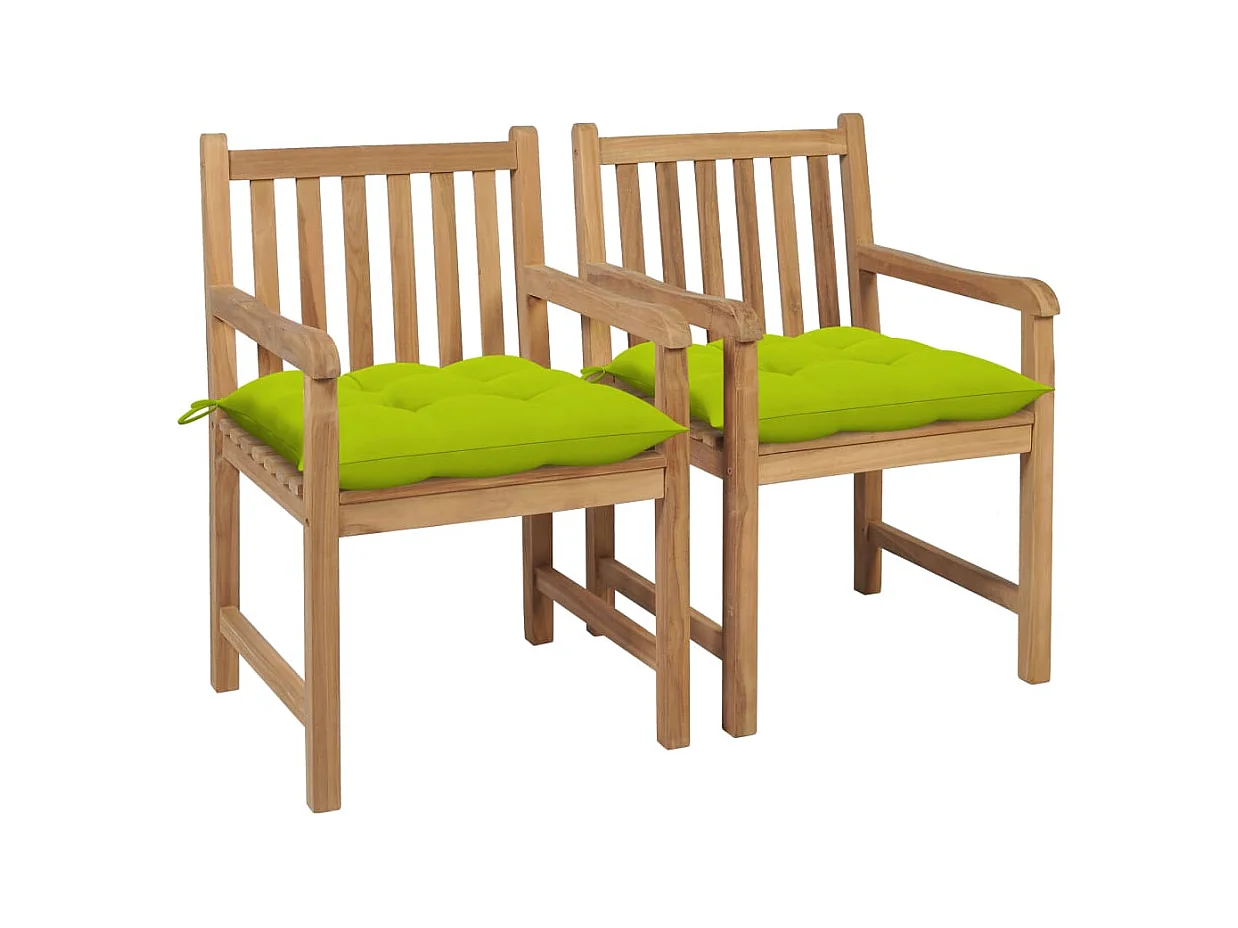 2 stuks tuinstoelen met felgroene kussens. Massief teakhout