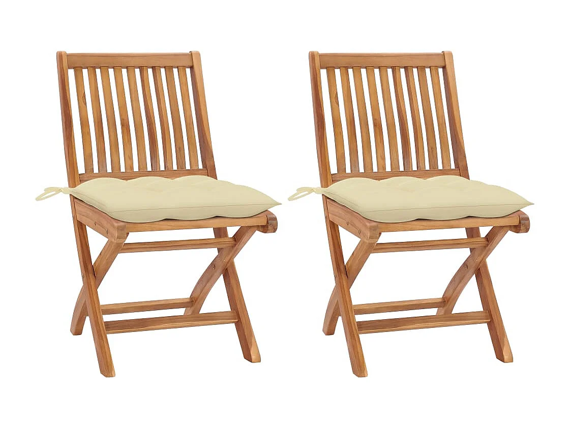 Chaises de jardin 2 pcs avec coussins blanc crème Teck massif