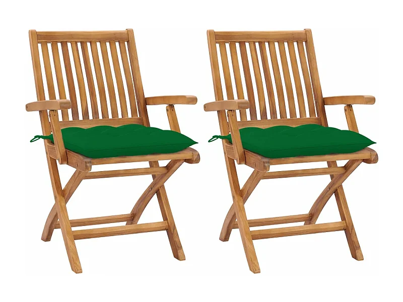 Chaises de jardin 2 pcs avec coussins vert Bois de teck massif