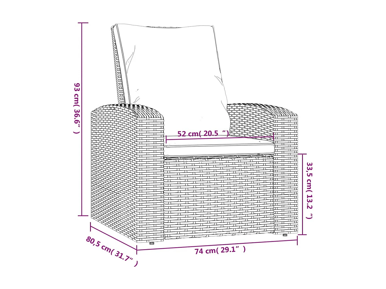 Fauteuil inclinable de jardin avec coussins noir résine tressée