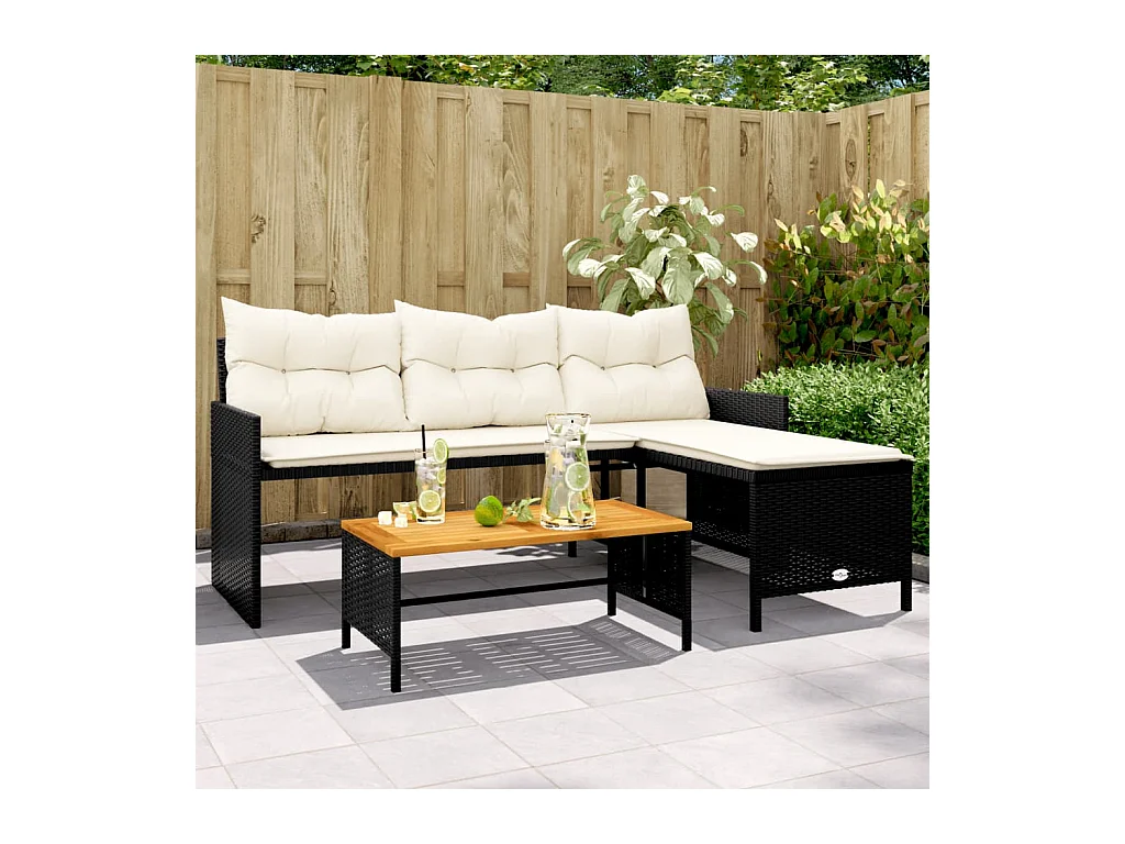 Canapé de jardin avec table et coussins en forme de L noir