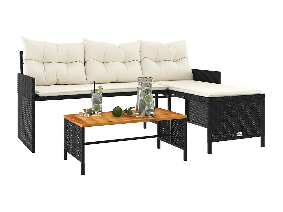 Canapé de jardin avec table et coussins en forme de L noir