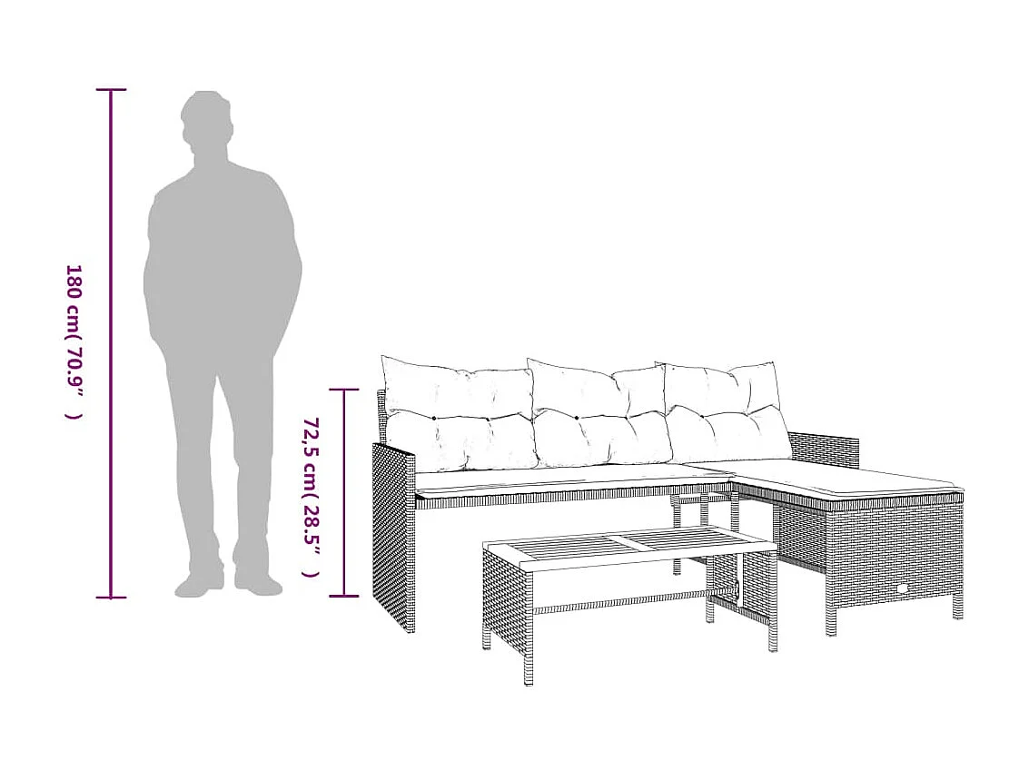 Canapé de jardin avec table et coussins en forme de L noir