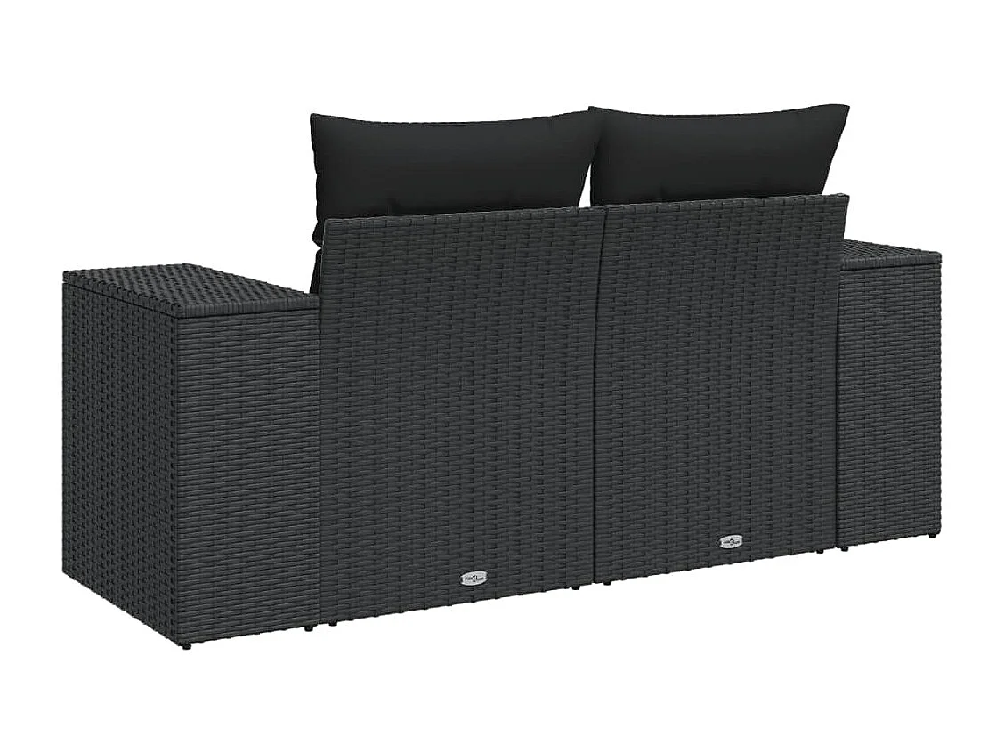 Divano da giardino con cuscini a 2 posti, resina intrecciata nera