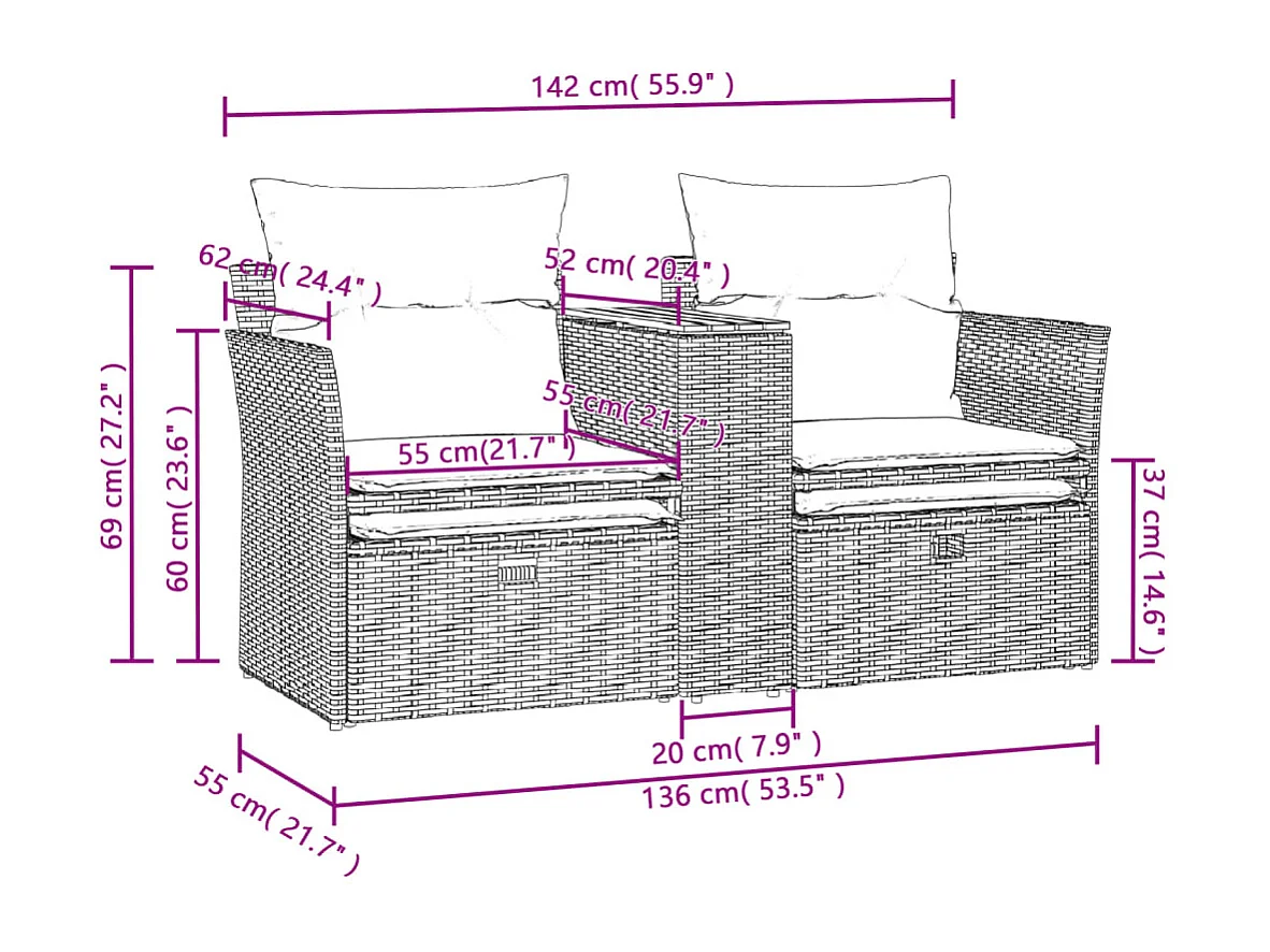 Canapé de jardin 2 places avec tabourets noir résine tressée