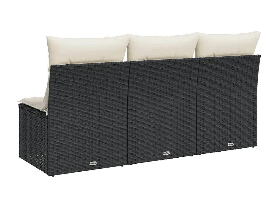 Divano da giardino con cuscini a 3 posti, resina intrecciata nera