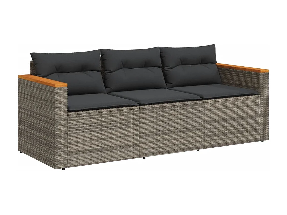 Divano da giardino con cuscini in resina intrecciata grigia a 3 posti