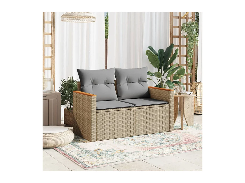 Canapé de jardin avec coussins 2 places beige résine tressée