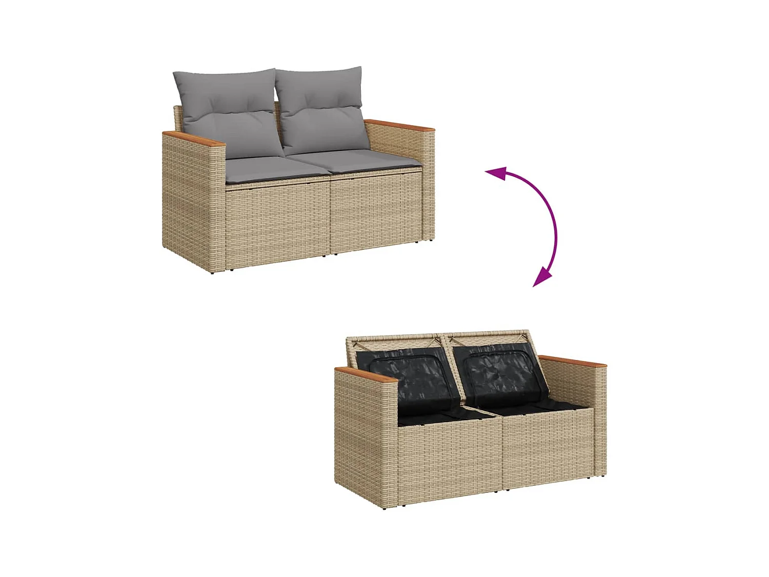 Canapé de jardin avec coussins 2 places beige résine tressée
