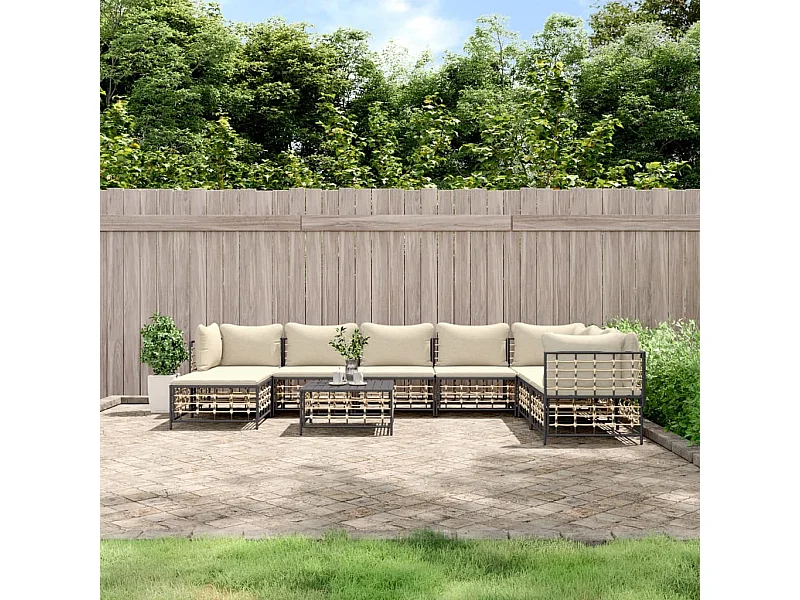 Salon de jardin 9 pcs avec coussins anthracite résine tressée