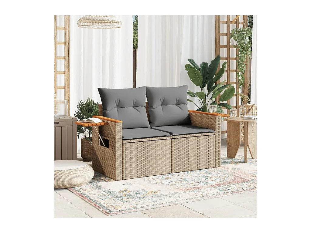 Canapé de jardin avec coussins 2 places beige résine tressée