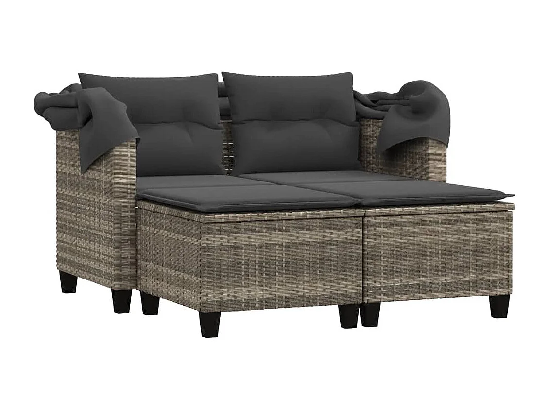 2-zits tuinbank en baldakijn lichtgrijze rotan krukjes