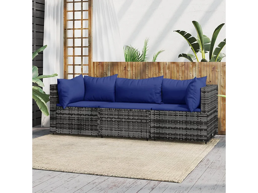Salon de jardin 3 pcs avec coussins Gris Résine tressée