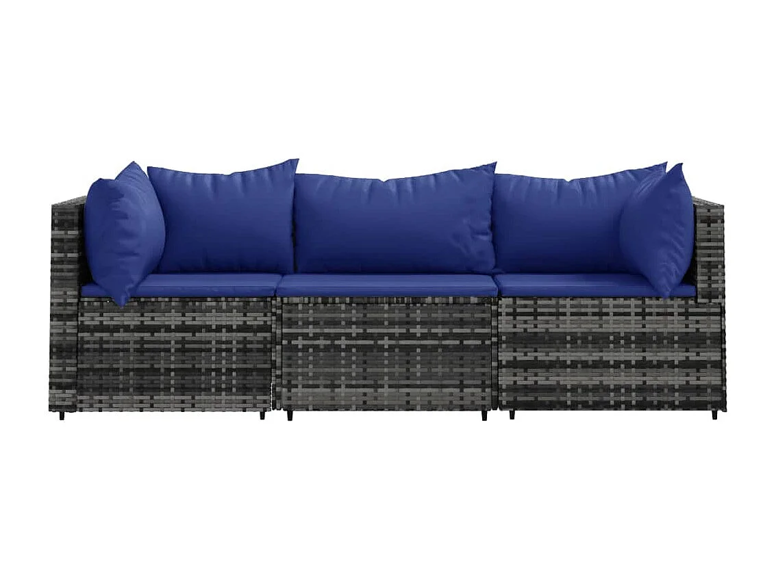 Salon de jardin 3 pcs avec coussins Gris Résine tressée