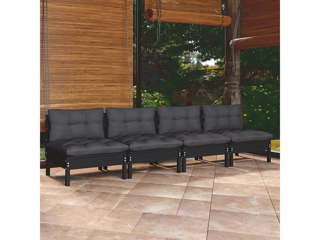 Canapé 4 places de jardin avec coussins anthracite Bois de pin