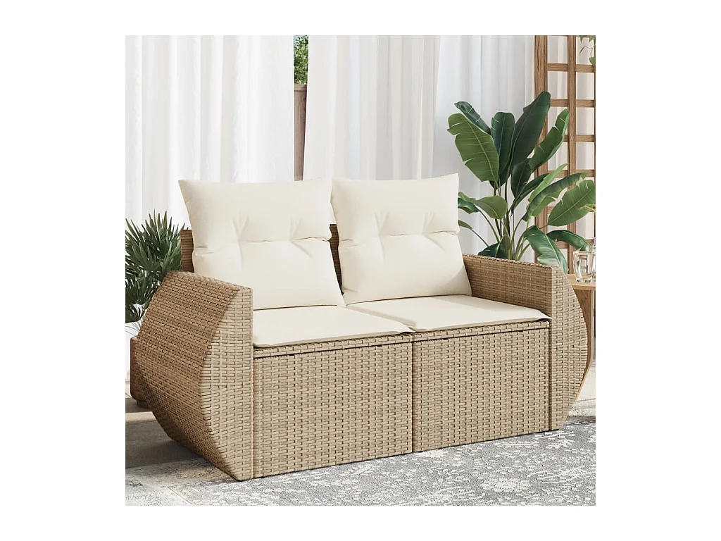 Canapé de jardin avec coussins 2 places beige résine tressée