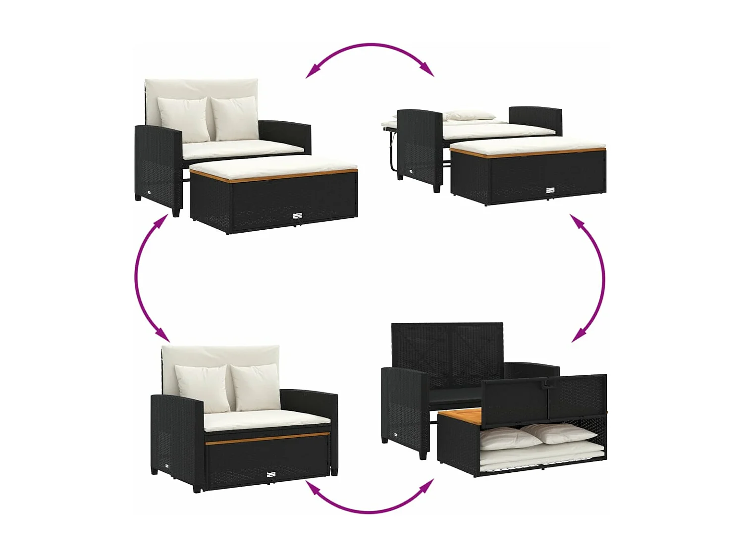 2-zits tuinbank met zwarte geweven hars- en acaciakussens