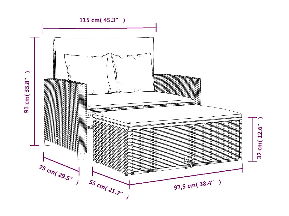 2-zits tuinbank met zwarte geweven hars- en acaciakussens