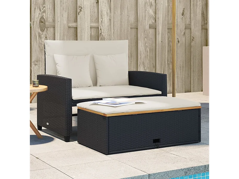 2-Sitzer-Gartensofa mit schwarzen geflochtenen Harz- und Akazienkissen