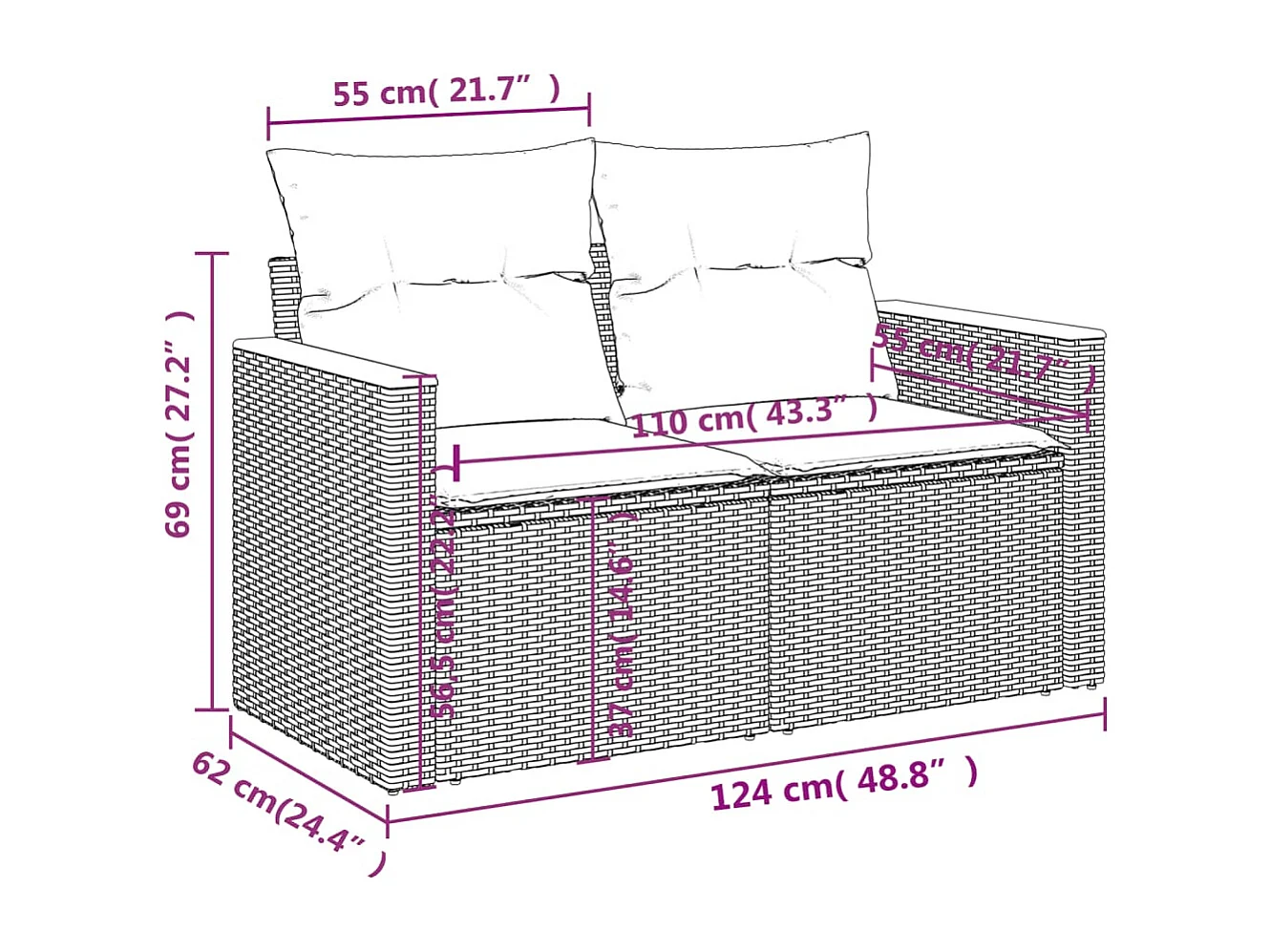 Canapé de jardin avec coussins 2 places beige résine tressée