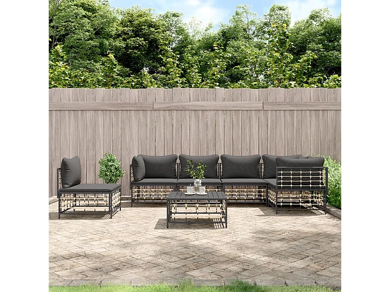 Salon de jardin 7 pcs avec coussins anthracite résine tressée