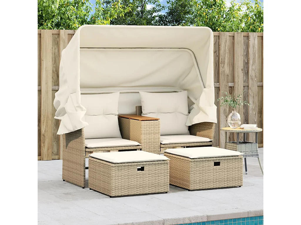 Canapé de jardin 2 places avec auvent et tabourets beige rotin