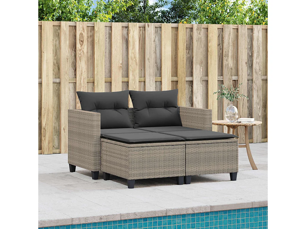 Canapé de jardin 2 places avec tabourets gris clair poly rotin