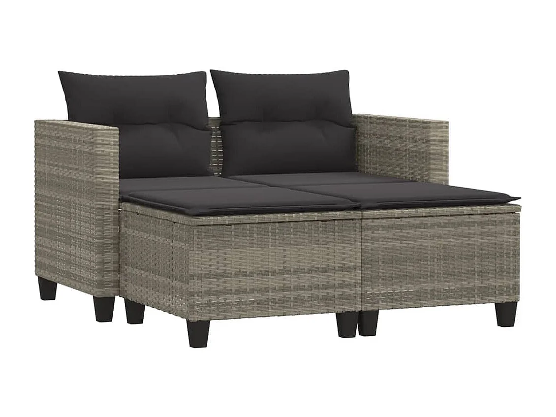 2-Sitzer-Gartensofa mit hellgrauen Polyrattan-Hockern