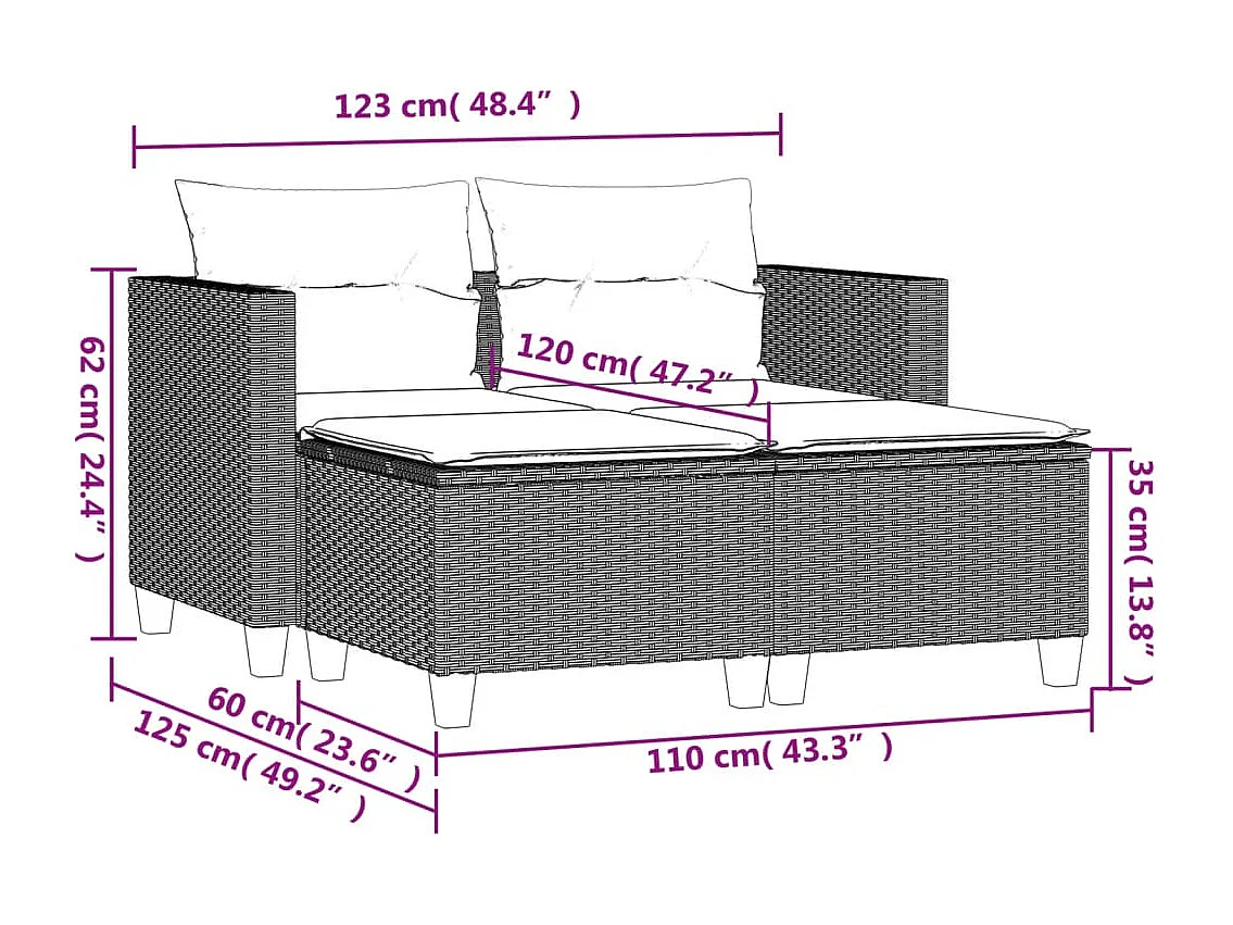 2-Sitzer-Gartensofa mit hellgrauen Polyrattan-Hockern
