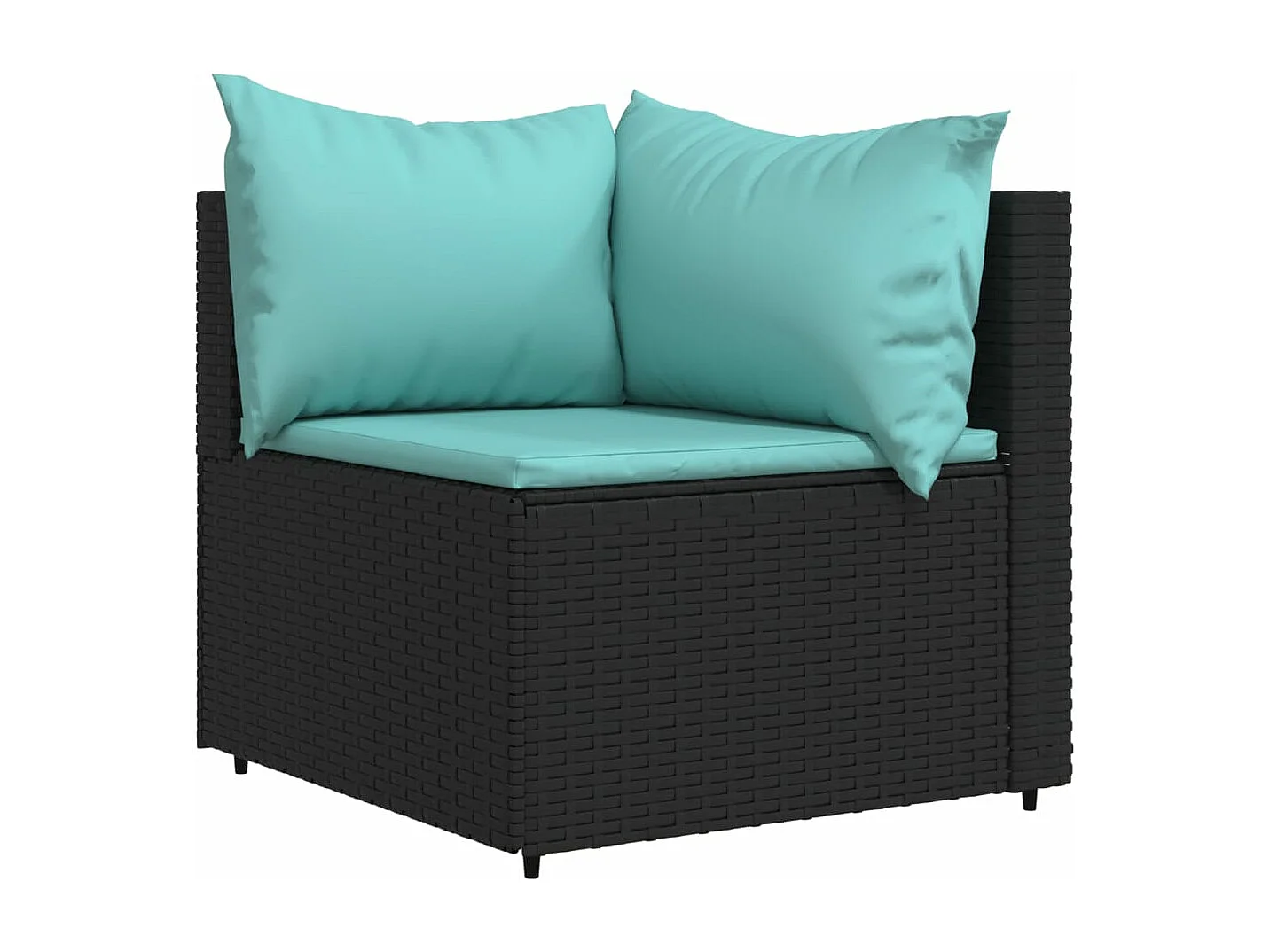 3 muebles de jardín con cojines de mimbre de resina negra.