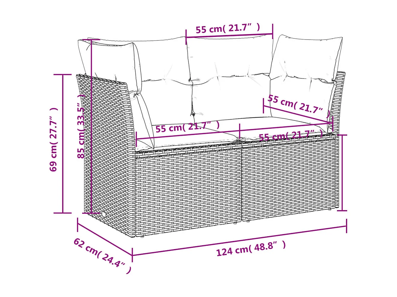 Canapé de jardin avec coussins 2 places beige résine tressée