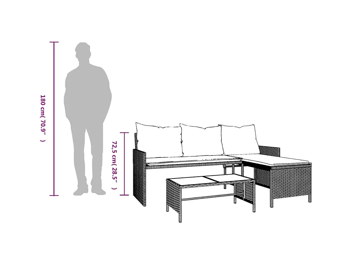 Canapé de jardin et table et coussins en forme de L gris clair