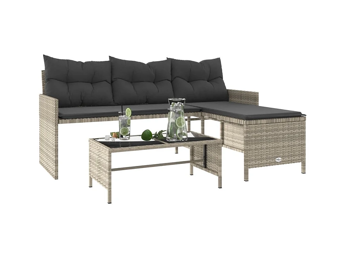 Canapé de jardin et table et coussins en forme de L gris clair