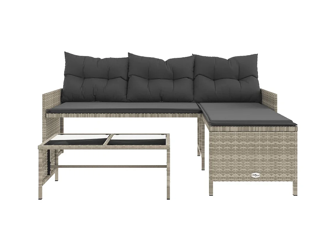 Canapé de jardin et table et coussins en forme de L gris clair