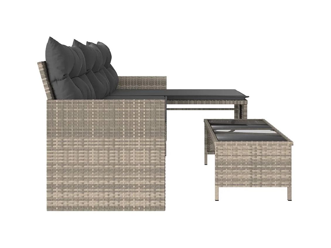 Canapé de jardin et table et coussins en forme de L gris clair